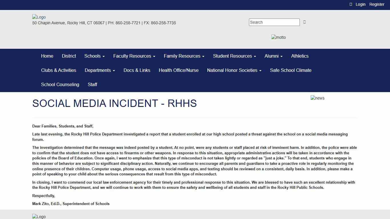 Social Media Incident - RHHS - Rocky Hill High School